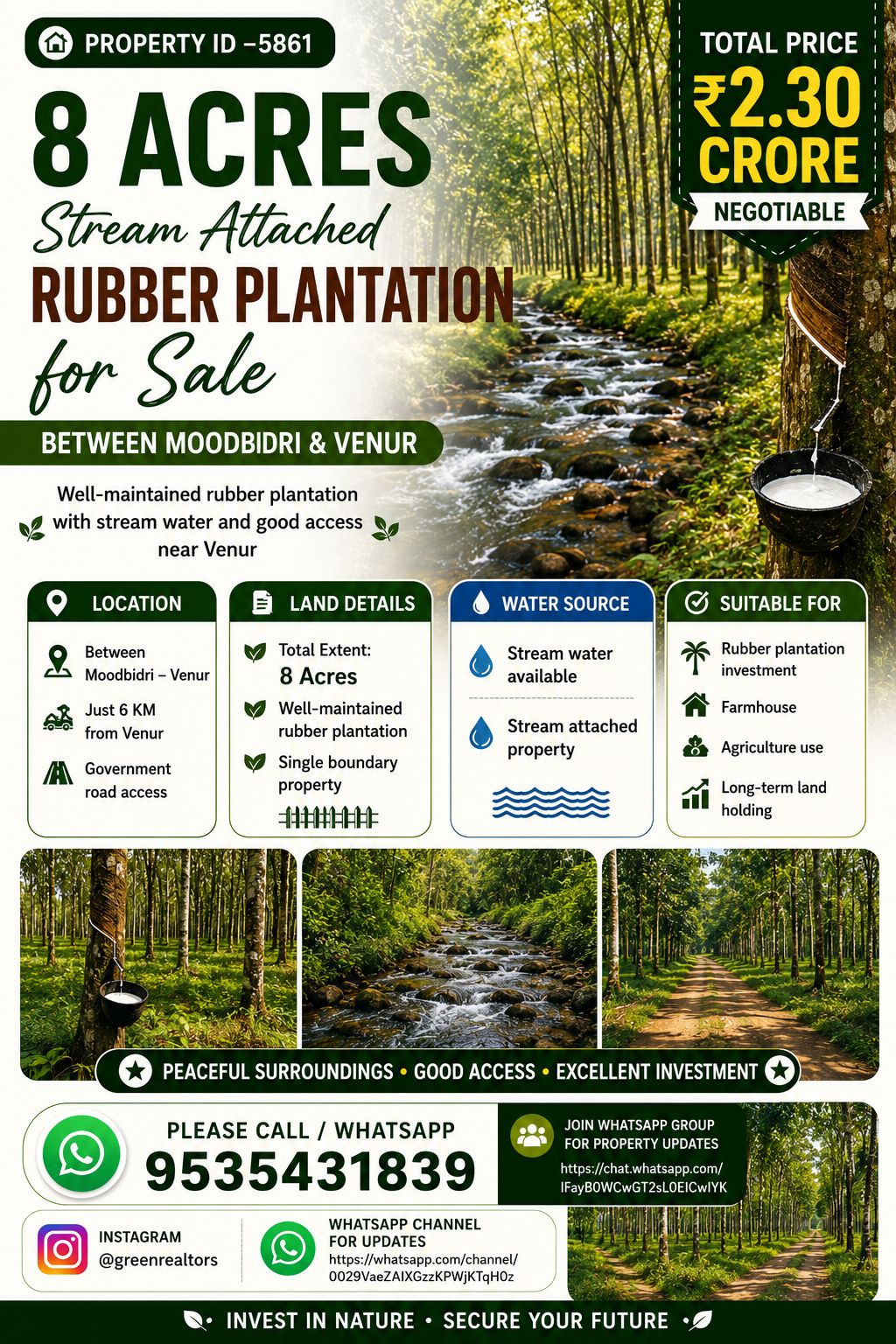 🆔 *PROPERTY ID –5861* 🌿 *8 Acres Stream Attached Rubber Plantation for Sale – Between Moodbidri & Venur*
